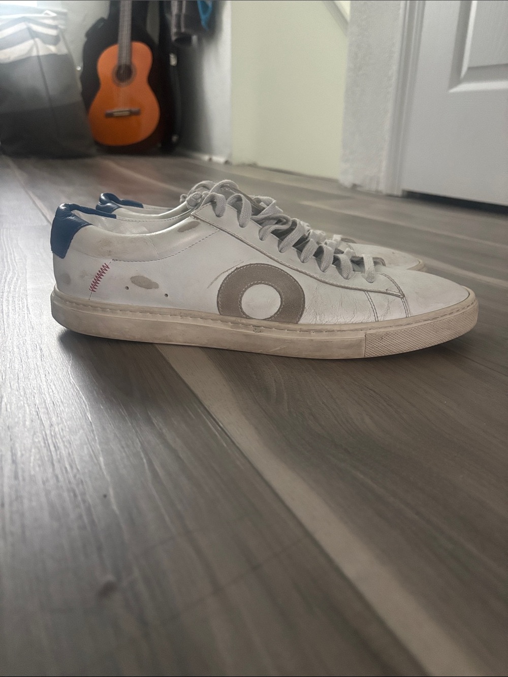 Oliver Cabell White Leather Sneakers with Blue Heel and Taupe Accent